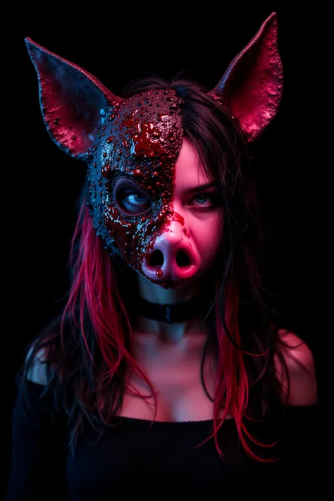  Indonesian Asian girl, asian,  wearing a bloody pig full Halloween mask,  neon colored hair, sexy, chest up shot , chest, face and neck only, total black background