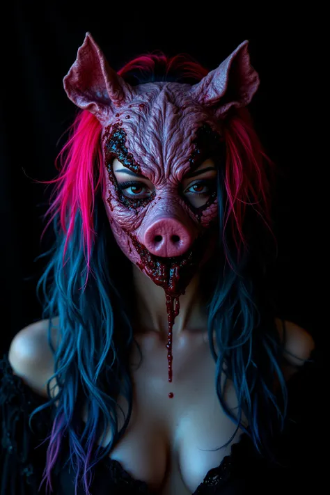  Indonesian Asian girl, asian,  wearing a bloody pig full Halloween mask,  neon colored hair, sexy, chest up shot , chest, face and neck only, total black background