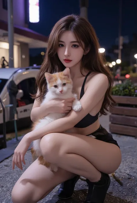 girl:( brown hair up to her shoulders,  dark brown eyes,  white skin, 1,67 tall,  big boobs,  middle hip) Environment:(two,  city, night, Neon lights) crouched on the floor, cuddling a white and orange kitten, provocative clothes,  loose hair( masterpiece,...