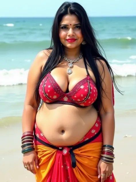 Fit, half saree wear, Big lips, full body picture , Wet curvy, wet Desi woman showing her big ass  in sexy THONG pattern sexy  lingerie and showing cleavage and in nose ring, many bangles in hands,earings, necklace ,lipstick ,navel,Indian, Chubby, showing ...