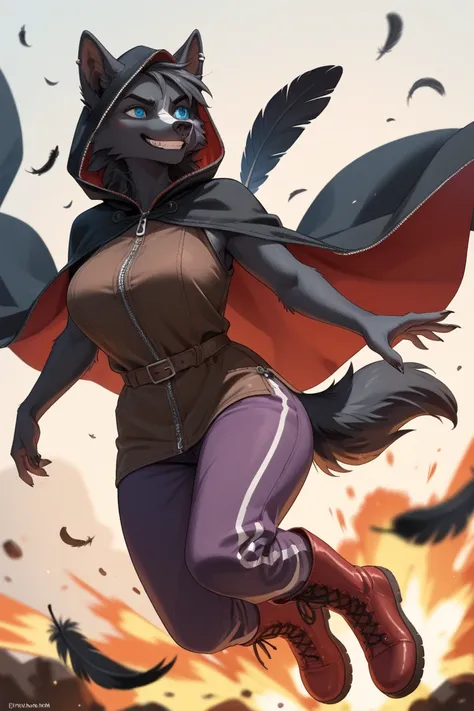 Anthropomorphic female wolf
Medieval fantasy

Black hooded cloak
Hood is pierced to let ears through 
Black feather sewn on hood
Brown Leather tunic, zipper, sleeveless
Red boots
Dark purple pants

Black fur
Red dye on ears and around the eyes
Three white ...