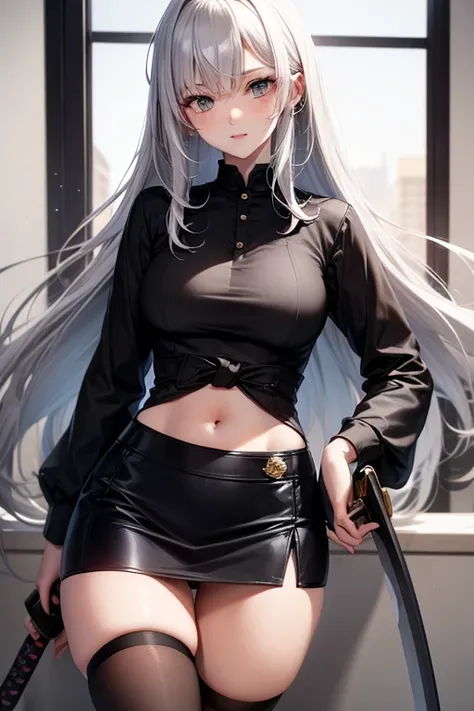 Girl with long white hair and gray eyes with a black top, long sleeves tied to the body, black thigh-length stockings and a very short skirt with katana.