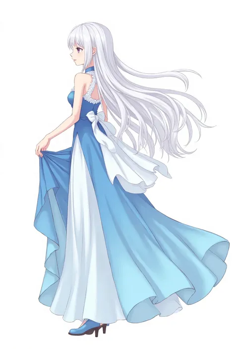 a female character with long, flowing white hair. She is wearing an elegant blue and white gown that drapes gracefully to the ground. The dress has a fantasy-like aesthetic, with a fitted bodice and a long skirt that flares out. The character is depicted i...