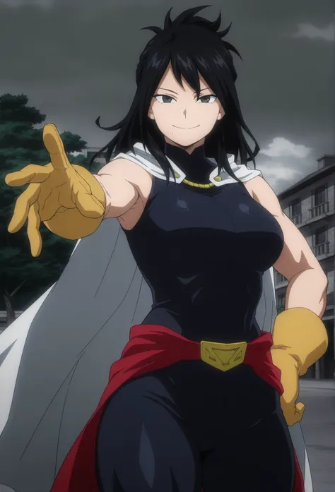 1girl,solo,mm,mature female,black hair,mole under mouth,long hair,muscular,black eyes,large breasts,anime coloring,
bodysuit, cape,sleeveless,belt,gloves,cowboy shot, outstretched arm, hand on own hip, looking at viewer, smile,outdoors
,masterpiece,best qu...