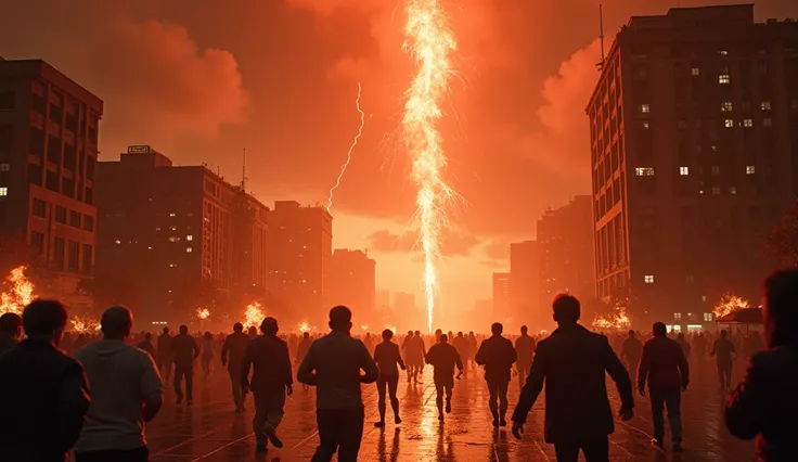  An apocalyptic scenario where Incandescents fall from the sky like fiery meteors,  illuminating the city with a reddish and destructive glow .  People run in desperation through the streets , some looking up terrified ,  while others try to protect themse...