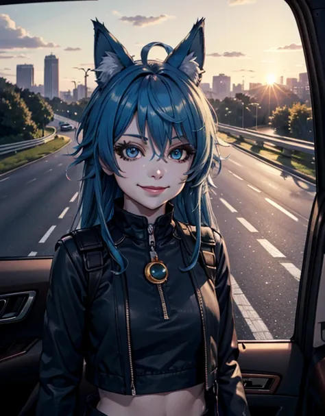 1girl, fox girl, fox ears, fox tail, navy-blue hair, long hair, colored eyelashes, crop top, see-through jacket, upper body, inside car, roofless car, highway, sunset view, driver's seat, smiling,
,BREAK, very aesthetic, volumetric lighting , masterpiece, ...