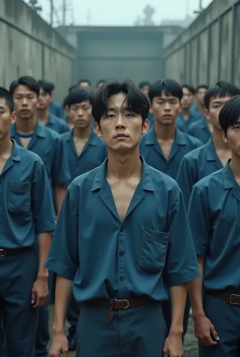 South korean men including ren wearing blue without stripes in prison camp hunger strikes having no food watched by the gaurds wearing dark blue 