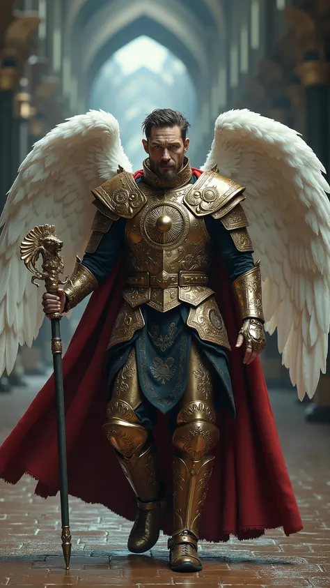 Tom Hardy reimagined as a majestic angel Jegudiel with huge white angel wings with detailed feathers walking and holding war mace、dramatic atmosphere, 1 male、
short, tousled dark hair, a strong jawline, and piercing, stormy-blue eyes filled with unwaverin...