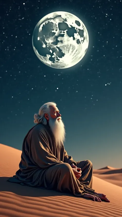 A wise old man sitting at night in the desert with meteor showers and a full moon 