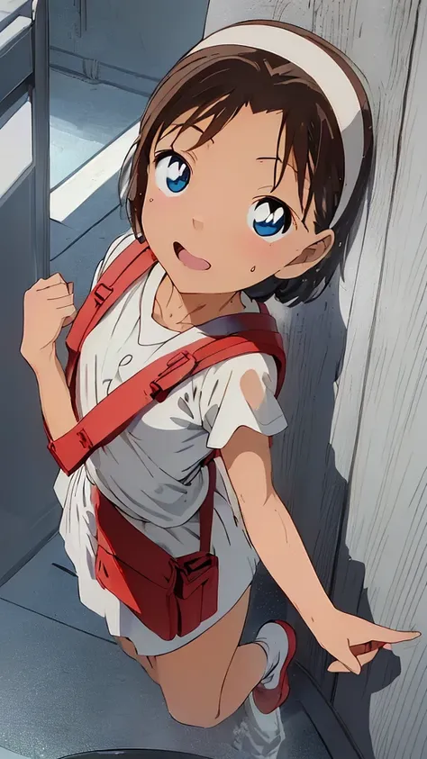  (((            white panties           ）））,
YOSHIDA AYUMI,       one girl，、       brown hair，       short hair，，       blue eyes、  Red Headband Surrounded by Bullets      、   Japanese rucksack for elementary school students ，Short sleeve，Blushing and laug...