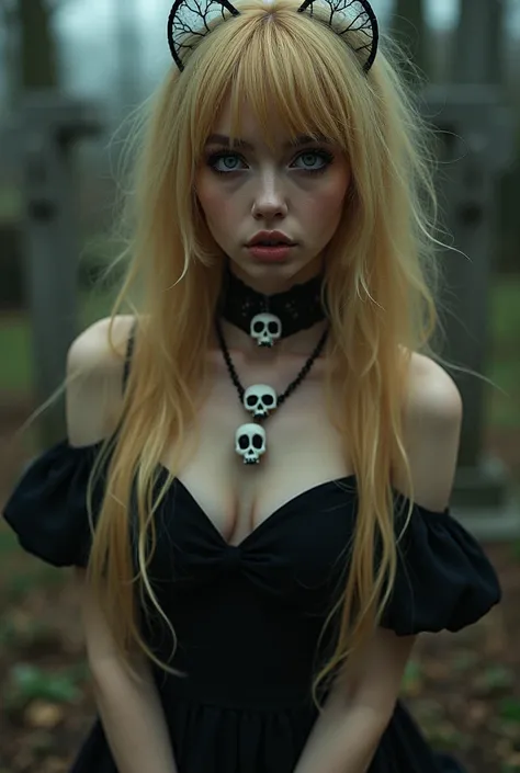 The hair color is long blonde with micro-bangs just a little bit above the eyebrows 
The color of the eyes is very dark green
The makeup style is dramatic with a focus on makeup, preferably dark
The lighting is balanced. The background is a candle cemetery...