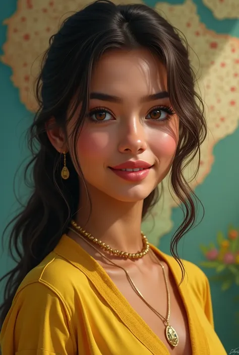 "Create a realistic portrait of a young woman representing Brazil. She should reflect the traditional or modern beauty standards of the country, with authentic cultural elements such as clothing, hairstyle, or accessories typical of the region. The backgro...