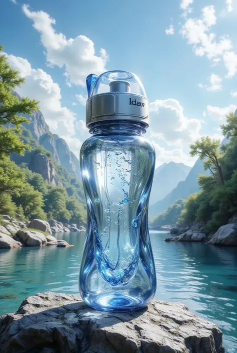 (masterpiece:1.2, Highest quality,Highest quality,Super detailed:1.2),(Very detailed),8k,(Photorealistic),(RAW Photos:1.2),A stylish, transparent water bottle chilled by the stream,Negative ions,Beautiful river flow,Drawing transparent water,(Cool looking ...