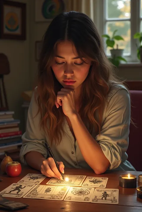 Same woman looking at Tarot horoscope with normal size Tarot cards at home 