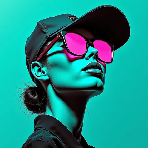 Low-angle perspective, deep teal tones. Sozdatel's stylish black and white pencil sketch of a woman's face, abstract features, cap, and oversized glasses, one lens bright pink. Grunge aesthetic, dramatic lighting, luxurious feel.