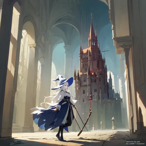 ( masterpiece:1.2), better quality,pixiv,animated,OMS,
fancy,fancy world,castle,medieval , full body,
1 girl,Elaina,  white hair,Huge silly hair, witch hat ,