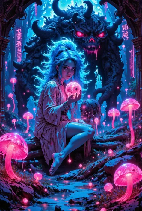 [A serene woman with bright neon blue hair, holding a skull, sits serenely in the middle of a surreal forest of glowing neon mushrooms, with a menacing horned creature looming behind her; scenes of otherworldly beauty and ethereal ease], [Digital painting,...