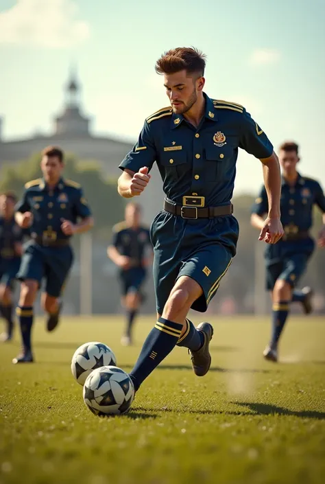 Young handsome lieteunants playing football