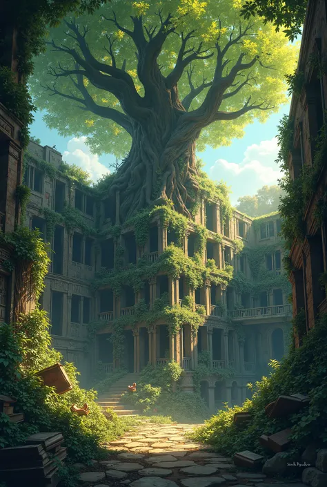 Animated abandoned library with a big tree in the middle
