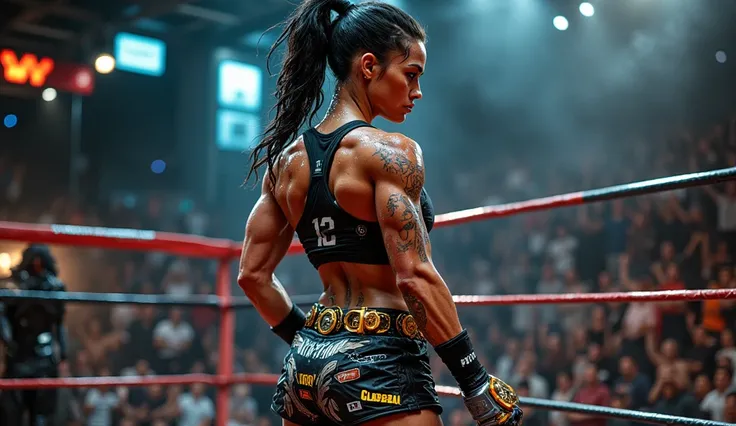 A stunning female boxer in a cyberpunk world, wearing a running shirt and shorts adorned with numerous sponsor logos, along with ring shoes. She sports rugged high-tech combat gloves made of steel and titanium. A cyberpunk champion belt wraps around her, h...