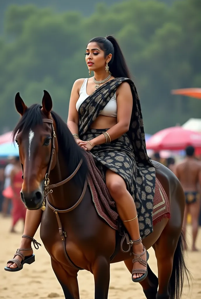 The beautiful Malayali woman sits on her horse ,women age is 30, Large breast, Wearing printed black saree, white inner wears, ponytail Black Hair, full figure, Drunk, walking, reverse shoulder ride, wearing shoes , close up, dancing, realistic photos, rea...