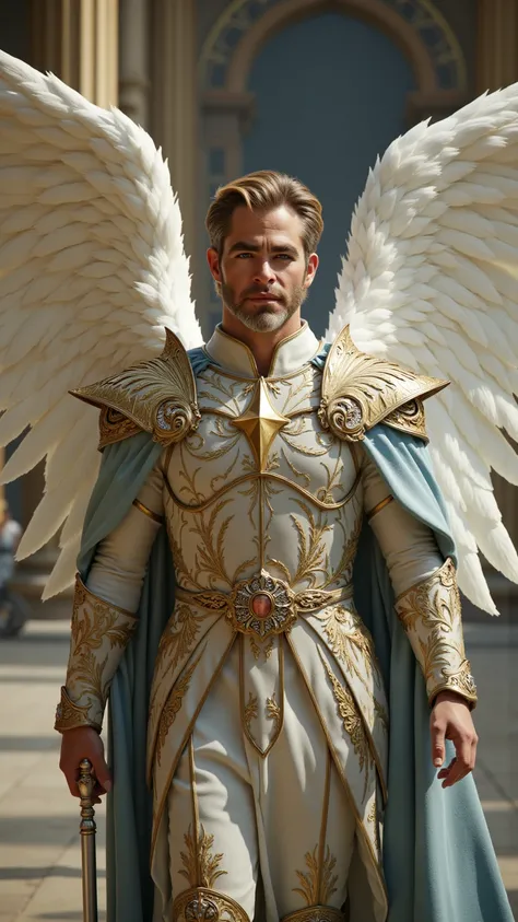 Chris Pine reimagined as a majestic angel Barachiel with huge white angel wings with detailed feathers walking and holding staff､dramatic atmosphere, 1 male､ 
neatly styled golden-blond hair, striking blue eyes filled with warmth, and a noble, reassuring e...