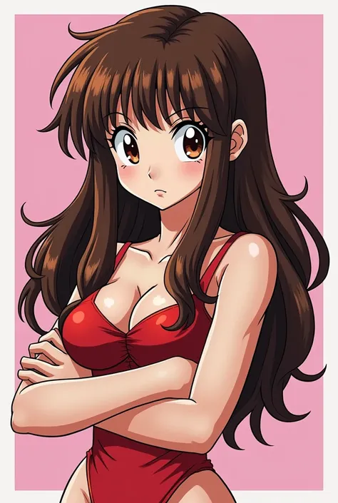 Create a full-body Dragon Ball Bulma logo, With long brown hair without fringes do it with layered hair so that you can see her face holding a sign while wearing her cosmetic outfit her face would be and smiling in a sexy outfit 