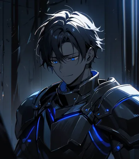 1boy, adult, alone, black skin, short hair, black hair, blue eyes, strong, black armor, blue details, sad face, smile