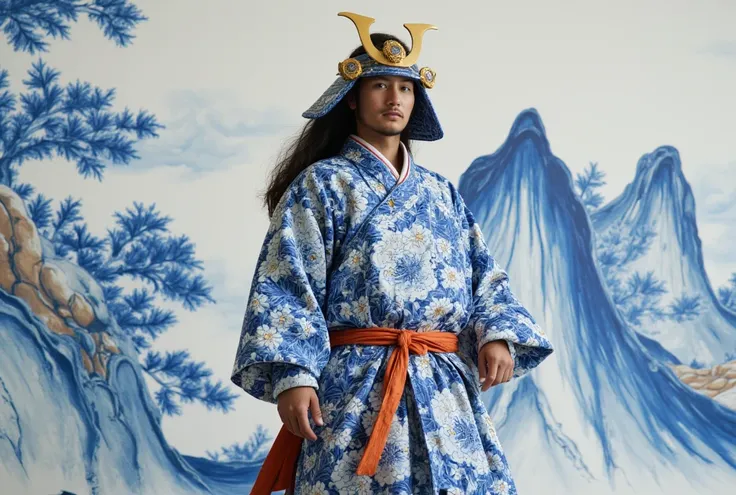 samurai in hand-painted porcelain clothing with hand-painted blue arabesques, 8k image, ultra detailed