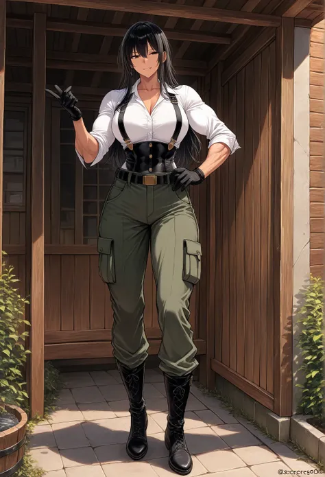 score_9, score_8, score_7, score_6, masterpiece,Adult woman, with a tall stature, long black hair, arms with well-defined muscles, well-defined legs, wearing cargo pants, a shirt with rolled-up sleeves, gloves with the fingertips exposed, suspenders, and s...