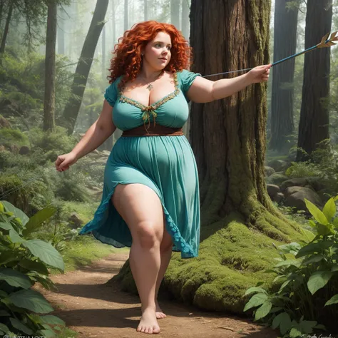             Courageous female character from the Disney movie Brave.     very fat. obese.        curly red hair.          big boobs.       .   neckline.            The landscape is a village in an enchanted forest           .  Vagina with blue hair       ....