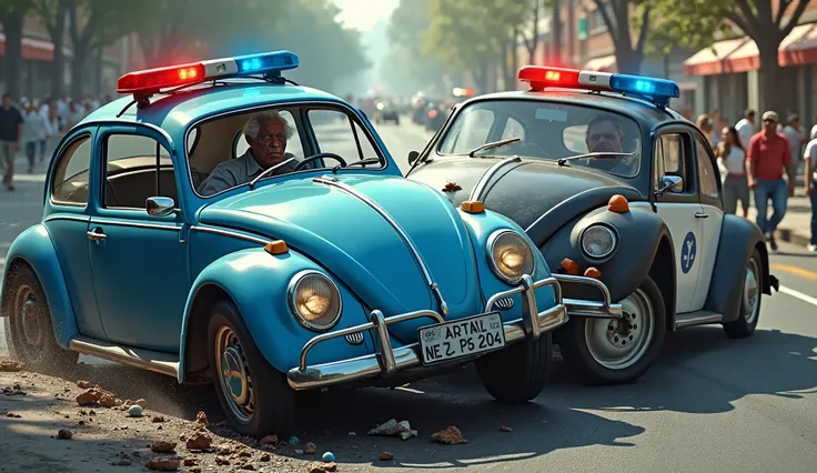  Police car crashing into a blue Beetle, An elderly black man is driving the beetle ,4K