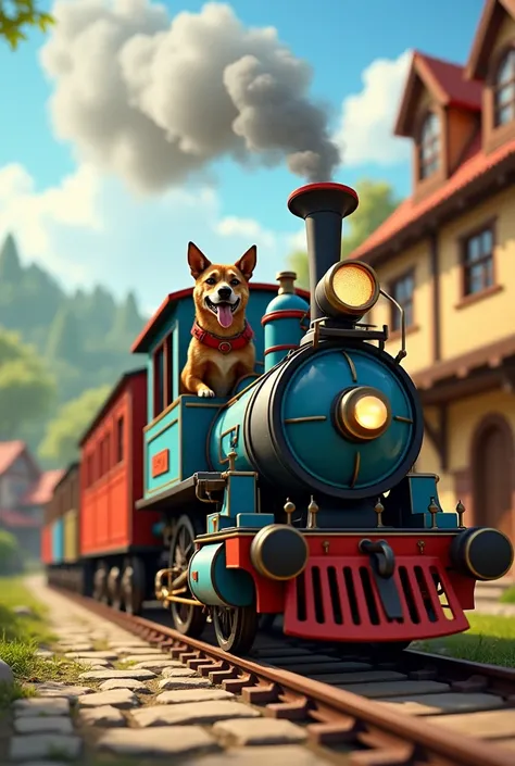  Dog driving a blue and red train in a small country town with cobblestone floors. This image must have a side view of the train being able to see the dog in a window 