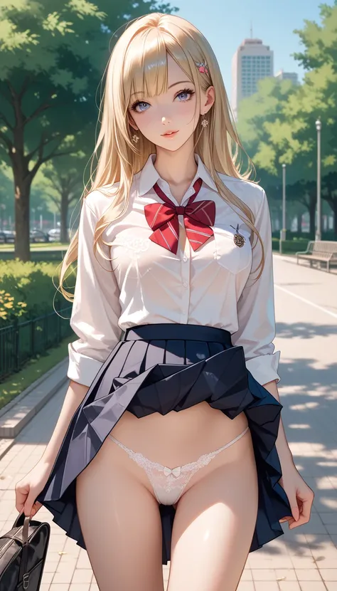 best quality, absurdres, わきDownを見せない, Down,  no background,  becomes transparent when you stare at it {x}, PE, front view, cowboy shot,  perfect beautiful face, Beautiful breasts,  thin legs, slim, blond long hair, collared shirt, pleated skirt, school uni...