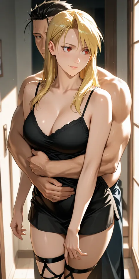 Masterpiece, newest, vibrant, very aesthetic, high contrast, a seventy year old man, taller than Riza, fat, standing behind Riza, hugging Riza's body from behind, bare chested, grinning mature woman, riza hawkeye, camisole, medium breast, gladiator style s...