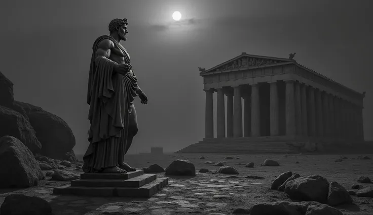 A dark landscape image of an ancient greek society deeply connected to stoicism, black and white, ancient greek architecture, include one single big statue of a stereotypical strong greek man, marcus aurelius --ar 16:9 --style 