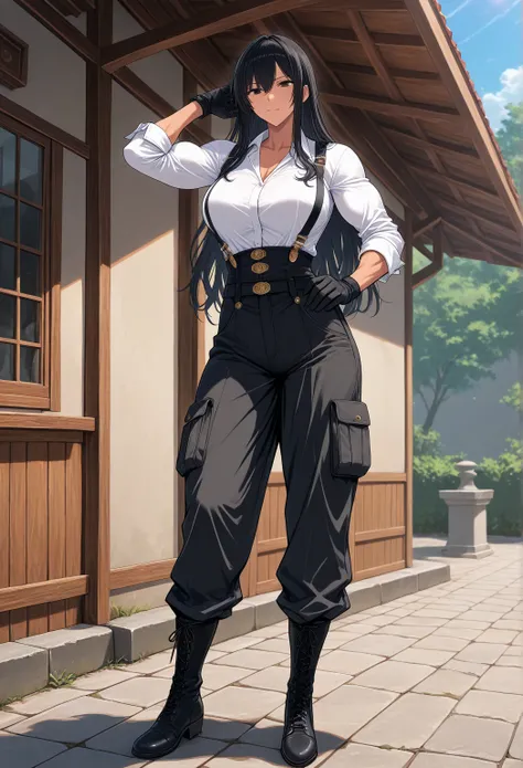 score_9, score_8, score_7, score_6, masterpiece,Adult woman, with a tall stature, long black hair, arms with well-defined muscles, well-defined legs, wearing cargo pants, a shirt with rolled-up sleeves, gloves with the fingertips exposed, suspenders, and s...