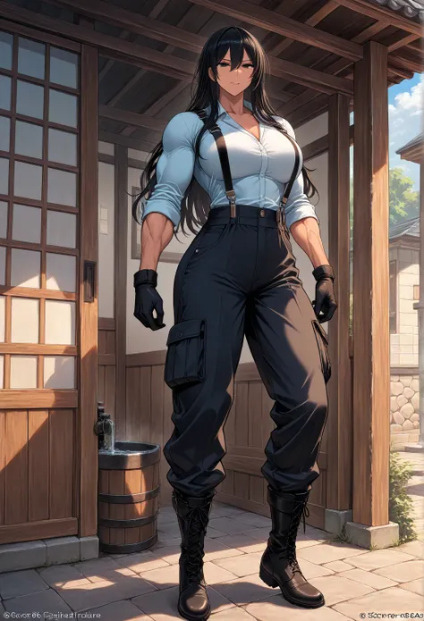 score_9, score_8, score_7, score_6, masterpiece,Adult woman, with a tall stature, long black hair, arms with well-defined muscles, well-defined legs, wearing cargo pants, a shirt with rolled-up sleeves, gloves with the fingertips exposed, suspenders, and s...