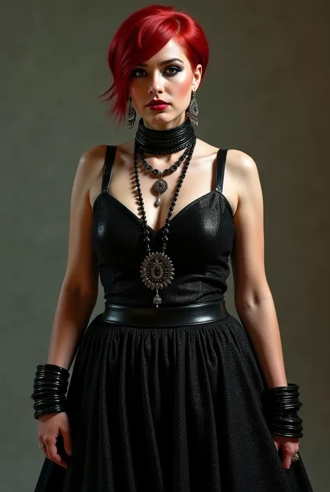 Redhead, indian goth. Black lehanga. Sleeveless. Glittey lehanga. Slick back hairstyle. Jhumka and necklace. Short and curvy. Hourglass figure with big butt. Bangles. Real life, full body image