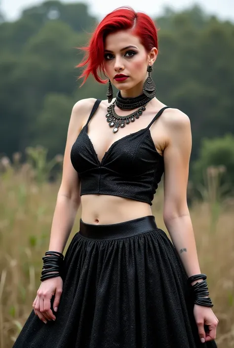 Redhead, indian goth. Black lehanga. Sleeveless. Glittey lehanga. Slick back hairstyle. Jhumka and necklace. Short and curvy. Hourglass figure with big butt. Bangles. Real life, full body image