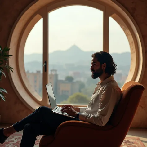 homme regarde vers la camera face a la camera qui regarde la camera type marocain, légèrement enrobé, cheveux mi-long ondulé noir pas de calivitie, yeux noir duvet de moustache barbe noir, assis sur un fauteuil massant qui coute cher devant une vue à coupé...