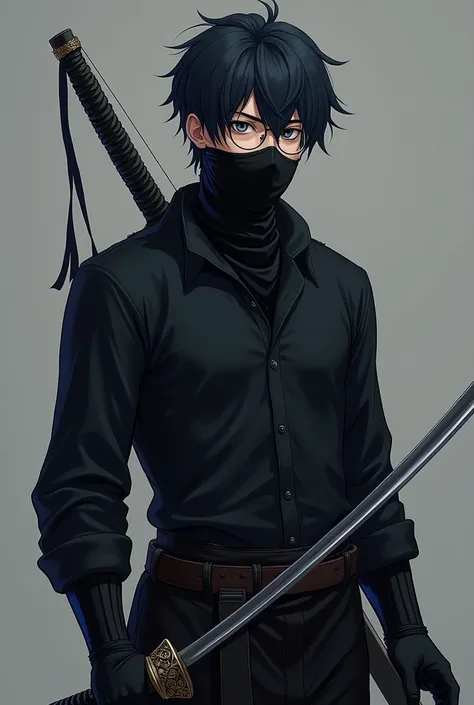  create a 25-year-old man wearing a black cloth mask, round eyeglasses and clear lenses, black clothes and black gloves , One a katana in one hand and a bow in the other , short hair half black and half dark blue