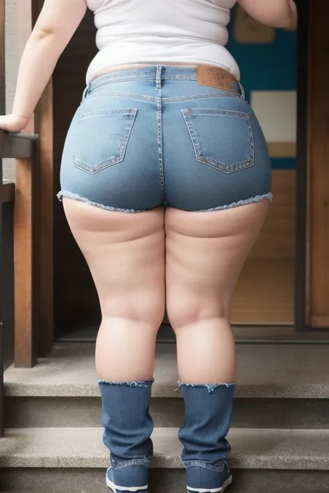 overweight、  very obese  、  Japanese woman、  jeans、  big stomach、  thick butt、thick、  out of breath、Feeling fatigued、 can't walk 、