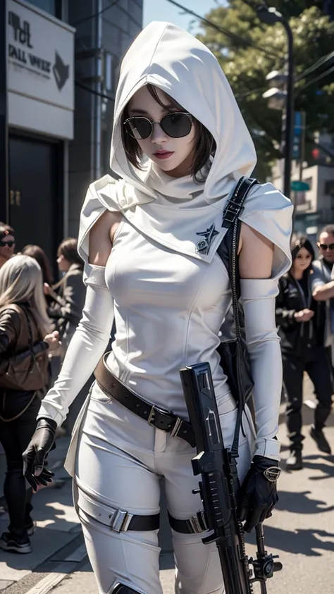 8K, UHD, masterpiece, 1 girl, detailed face, smart face, ((sunglasses)), detailed eyes, sniper rifle in hand, battleroyal, call of duty cosplay, call of duty modern warfare 3, ((ghost tribe)), ((metal white cosplay:1.5)), ((bare thigh)), belts, gun, methic...