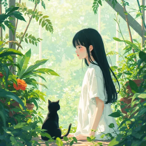 This is a fantasy-themed illustration with a minimalist approach. The focus is on a Japanese girl with a cute and innocent "kawaii" aesthetic, presented with a simple and clean design. The artwork emphasizes subtle colors, clean lines, smooth curves, and s...