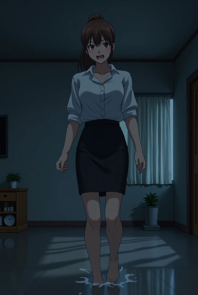  A 40-year-old anime woman with brown hair and brown eyes and a ponytail, with black office clothes with a black skirt , rising from the floor in a living room at night with an expression of fear 