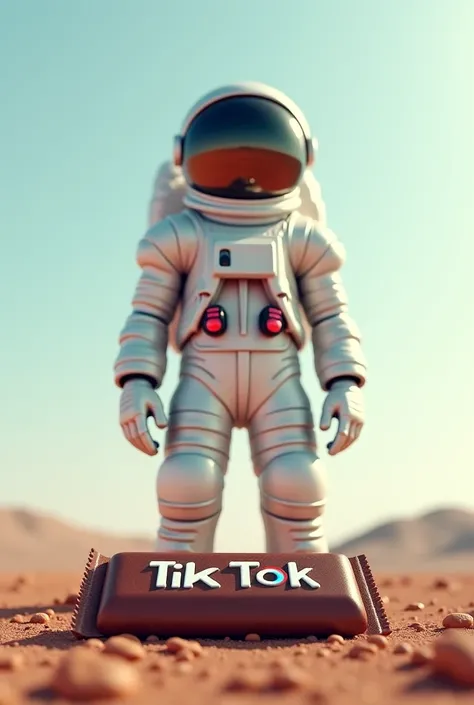 A man wearing a spacesuit and in front of him is a candy bar with a Tik Tok sign drawn on it