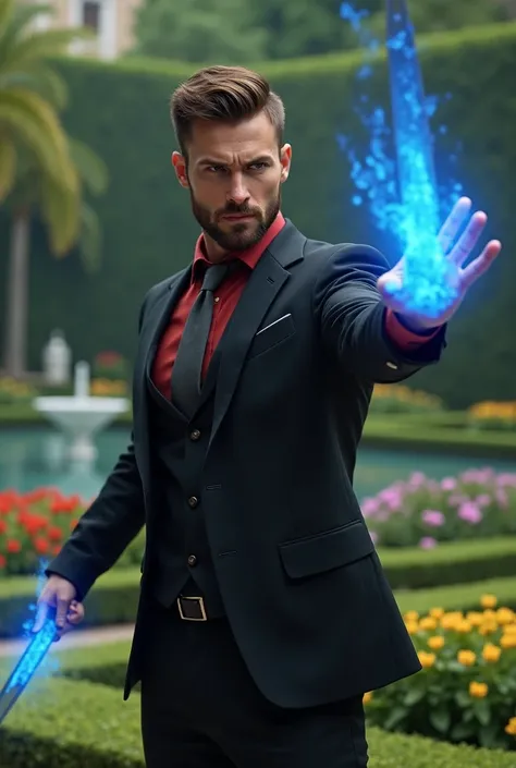 Handsome brown-haired man with short beard dressed in a black suit wearing a red shirt and gray tie throwing daggers wrapped in blue fire in a garden