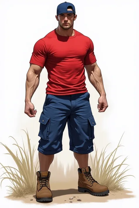 Muscular man in a red t-shirt and long shorts Blue color and HANDMEN - Men's 6 Inch Composite/Soft Work Boots for Men Non-Slip Waterproof Construction Work Shoes Color brown Short black hair baseball cap baseball cap 