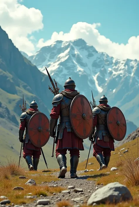 Outside the usual field, in the middle of the turquoise mountains and in the vicinity, there is a group of Haiduks. Armed with swords and bows, wearing heavy shields, armor and leather boots, they seem to be